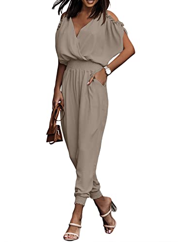 Dokotoo Girls Jumpsuit Elegant One Piece Sexy Long Pants Resort Wear Smocket Waist Deep V Neck Off Shoulder Backless Outfit with Side Pokcet 2024,Khaki Large