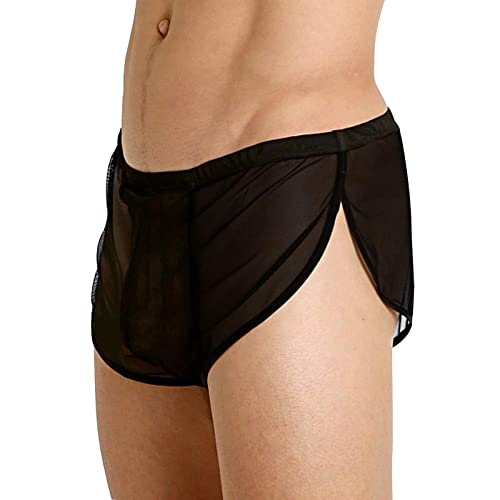 Men Breathable Underwear See Through Boxer Briefs Sheer Mesh Shorts Soft Underpants Lingerie Transparent Pants Valentine's Day Undies Comfort Pajamas Long Leg Stretch Home sports mens kit B34-Black