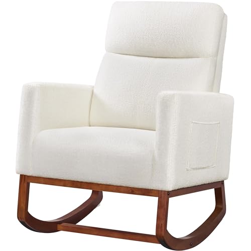 Yaheetech Upholstered Rocking Chair, Boucle Glider Chair Nursery Chair with High Back and Side Pocket, Rocking Accent Armchair with Rubber Wood Legs for Living Room/Bedroom/Nursery, Ivory