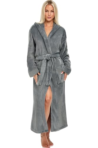 Alexander Del Rossa Women’s Robe, Plush Fleece Hooded Bathrobe with Pockets, Gray, 3X-4X (A0116STL4X)