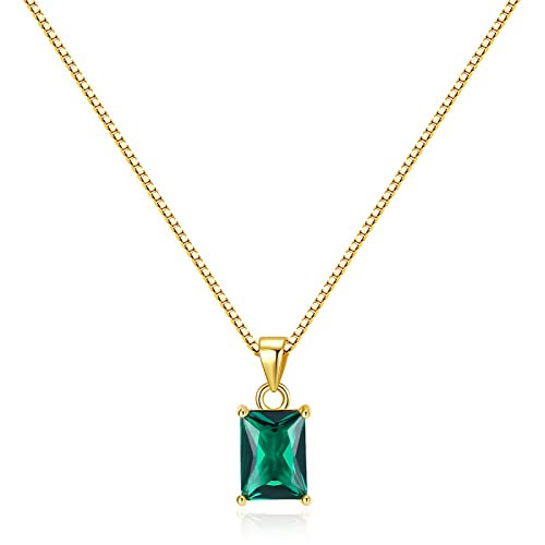 espere Emerald Baguette CZ Pendant Necklace | 14K Gold Plated Sterling Silver | Emerald-Cut Green Crystal Dainty Box Chain Necklace 18''