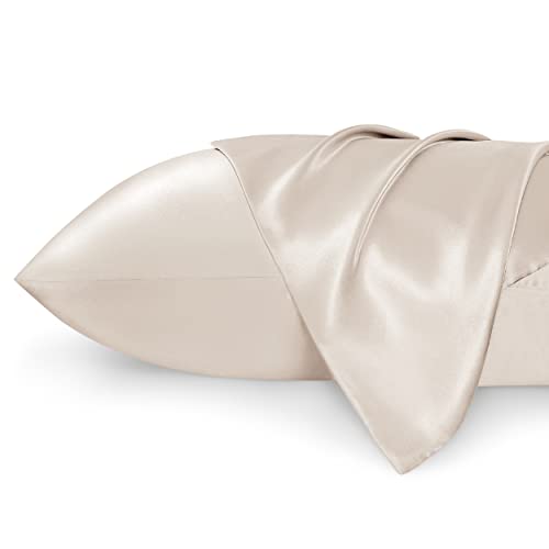 Bedsure Satin Pillowcase for Hair and Skin Queen -Beige Silky 20x30 Inches - Set of 2 with Envelope Closure, Similar to Silk , Gifts for Women Men