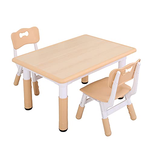 UNICOO - Kids Study Table and Chairs Set, Height Adjustable Plastic Children Art Desk with 2 Seats, Multi Activity Table Set (Maple TOP with Natural Border) BY-60-MN