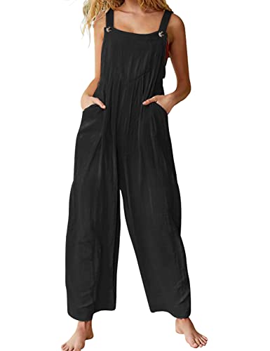 YESNO Women's Casual Jumpsuits Baggy Rompers Adjustable Straps Wide Leg Overalls with Pockets M PQ2 Black