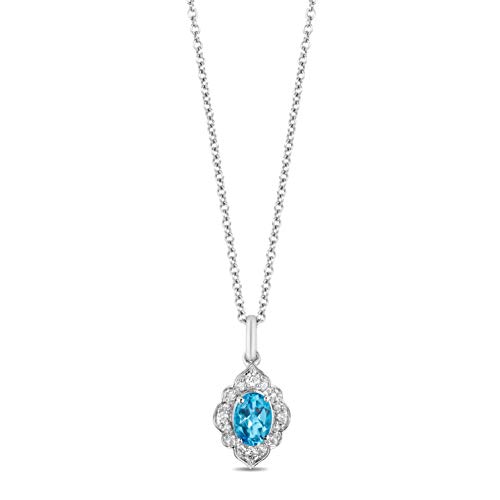 Jewelili Enchanted Disney Fine Jewelry Sterling Silver 1/6 Cttw Diamond and Swiss Blue Topaz Jasmine Fashion Pendant