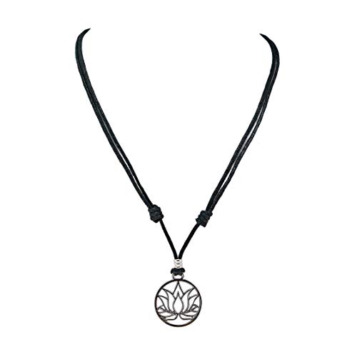 BlueRica Lotus Flower Pendant on Adjustable Black Cord Necklace (Chrome Finish)
