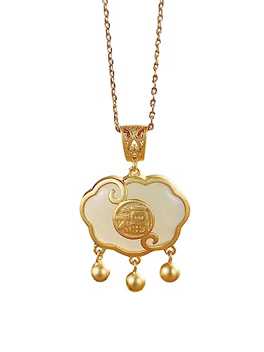 ArancioneandQ 18K Gold plated Hand made S925 Sterling Silver Jade Necklace Ruyi Lock Gold inlaid jade blessing wealth longevity good fortune gift for women girls