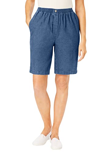 Woman Within Women's Plus Size Elastic-Waist Cotton Short - 18 W, Medium Stonewash Blue