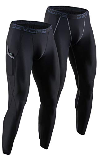 DEVOPS 2 Pack Men's Compression Pants Athletic Leggings with Pocket (X-Large, Black/Black)