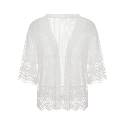 MALCIKLO Lace Sheer Cardigan Short Sleeve Ruffle Open Front Tops for Women (White, X-Large)