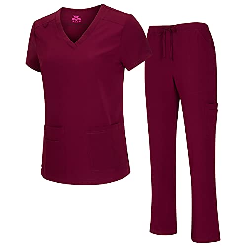 Natural Uniforms Women's Cool Stretch V-Neck Top and Cargo Pant Set (Burgundy, Medium)