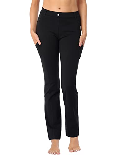 HDE Yoga Dress Pants for Women Straight Leg Pull On Pants with 8 Pockets Black - M Short