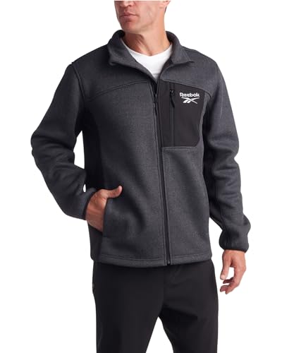 Reebok Men's Lightweight Fleece Jacket - Full Zip Up Active Fleece Jacket for Men – Performance Jacket for Men (M-XXL), Size Large, Charcoal Heather/Black
