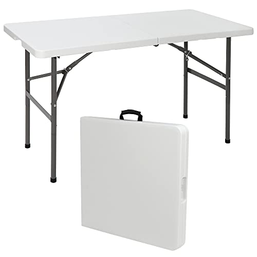 SUPER DEAL Portable 4 Foot Plastic Folding Table, Indoor Outdoor Heavy Duty Fold-in-Half Picnic Party Camping Barbecues Table with Carrying Handle, White