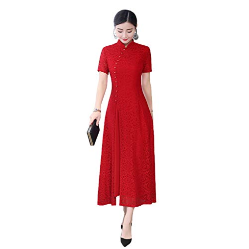 Shanghai Story Long Cheongam Dress Lace Qipao Chinese Style Dress M Red