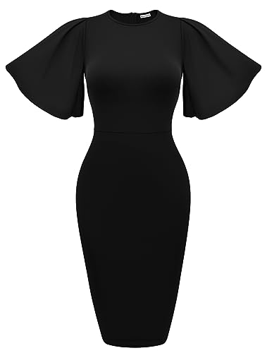 Memoriesea Women's Basic Bodycon Ruffle Flared Short Sleeve Pencil Midi Dress Black