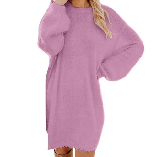 ZWSPTO Women's Furry Crewneck Oversized Loose Long Pullover Sweater Dress Warm Cute and Comfy Sweater Purple