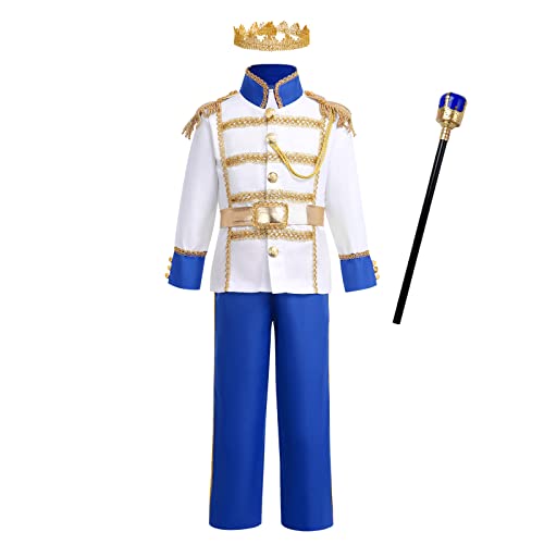 Prince Charming Costume Boys King Costume Toddlers Prince Halloween Costumes Medieval Royal Prince Outfit with Belt King Crown Dress Up Set Royal Blue 5PCS 3-4 Years
