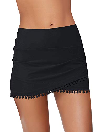 GRAPENT Women's Tassels Mid Waist Tulip Hem Shirring Swim Skirt Swimsuit Bikini Bottom Black Size M