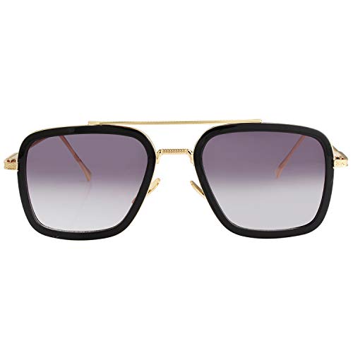 Kursan Polarized Tony Stark Sunglasses for Men Women Vintage Square Metal Frame Iron Man and Spider-Man Eyeglasses (Black Gold Frame Double Grey Lens)