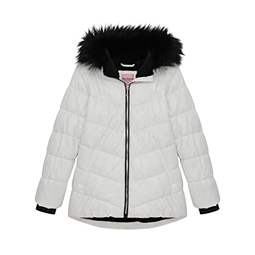 Juicy Couture Girls Puffer Jacket, Laminated Bubble Kids Coat with Fur Hoodie, Ivory, Small