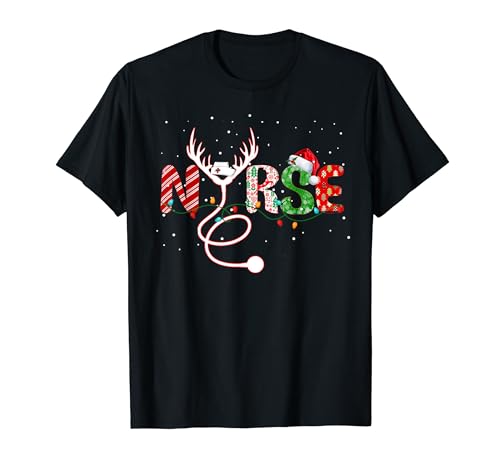 Nurse Christmas Tee Santa Hat Snow Stethoscope Reindeer T-Shirt