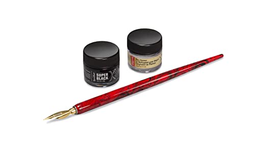 Speedball Signature Series Super Black India Ink & Pen Set, Includes Red Marbled Pen Holder, Gold-Plated No. 513EF Pen Nib, 4 fl oz Super Black India Ink, 4 fl oz Pen Cleaner