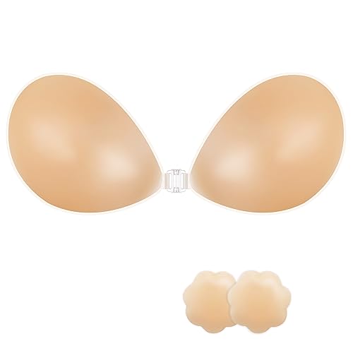 VICETONE Adhesive Bra Strapless Sticky Invisible Push up Reusable Silicone Bra The Best Off Backless Viscous Bra for Women (Nude, B)