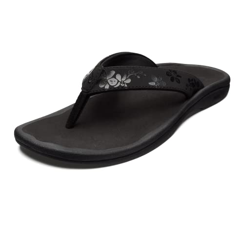 OLUKAI Ohana Women's Beach Sandals, Quick-Dry Flip-Flop Slides, Water Resistant, Wet Grip Soles & Compression Molded Footbed, Black/Orchid, 8