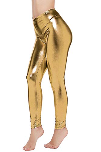 Loxdonz Women Wet Look Shiny Metallic Leggings Liquid Waist Stretch Pants (Small, Gold)