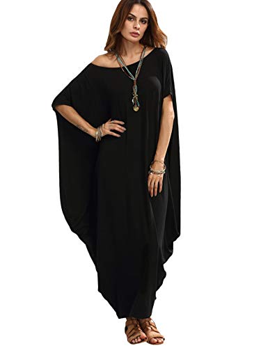 Verdusa Women's Boat Neck Dolman Sleeve Baggy Caftan Harem Oversized Maxi Dress Black L