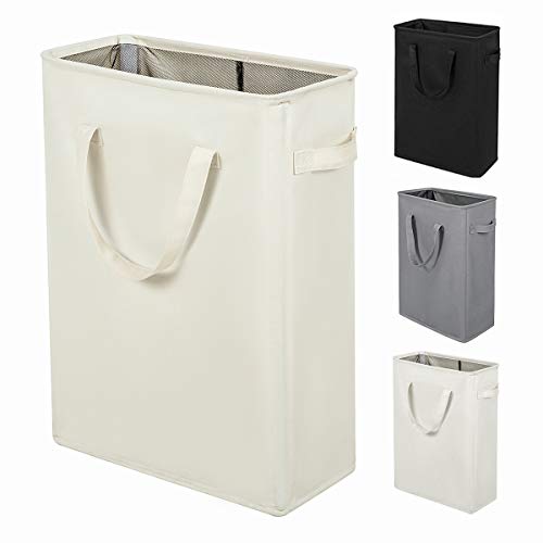 ZERO JET LAG Slim Laundry Hamper With Handles Collapsible Laundry Basket Thin Dirty Clothes Basket Narrow Laundry Bag Foldable Dirty Cloth Hamper 52L (21 inches,Beige)