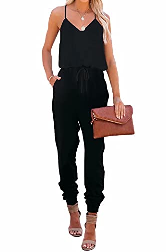 Lacozy Black Jumpsuits for Women Sexy V Neck Short Sleeve Jumpsuit Stretchy Beam Foot Long Overalls Rompers Black Medium