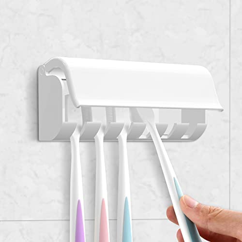 Linkidea Wallmount Toothbrush Holder with Cover for Shower, RV Cabinet Organizer, Plastic Self Adhesive 6 Slots Tooth Brush Hanger Compatible with Oral-B CrossAction, Colgate Extra Clean