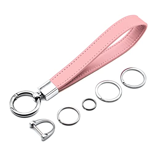 MECHCOS Car Key Fob Keychain Holder Genuine Leather Wristlet Loop Key Chain Circle Carabiner Clip for Men and Women with Anti-lost D Ring, Screwdriver, 4 Key Rings, 360 Degree Rotatable, Pink