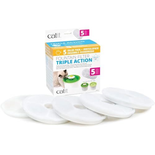 Catit Triple Action Replacement Original Water Fountain Filters, 5 Pack – Official Replacement Filters for Catit Cat Drinking Water Fountains