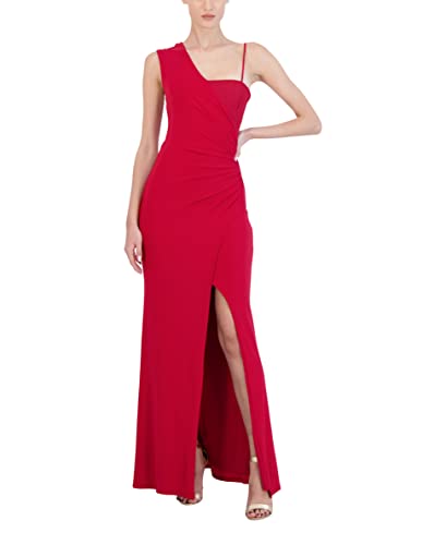 BCBGMAXAZRIA Women's Sleeveless Fit and Flare Long Evening Dress Adjustable Spaghetti Strap Asymmetrical Neck Front Slit, New Red, Medium