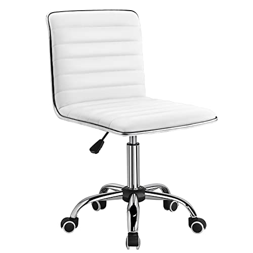 Furmax Mid Back Vanity Chair for Makeup Room, Low Back PU Leather Swivel Computer Desk Chair, Task and Office Chair Retro with Armless Ribbed (White)