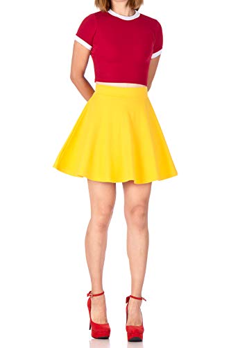 Basic Solid Stretchy Cotton High Waist A-line Flared Skater Mini Skirt (L, Yellow)
