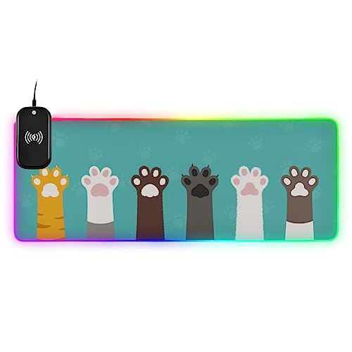 Dog Cat Paws-01 Wireless Charging Mouse Pad for Mobile Phone Extra Large Gaming Mousepad with 13 Lighting Modes Keyboard Mat for Gaming MacBook PC Laptop Desk Office Home