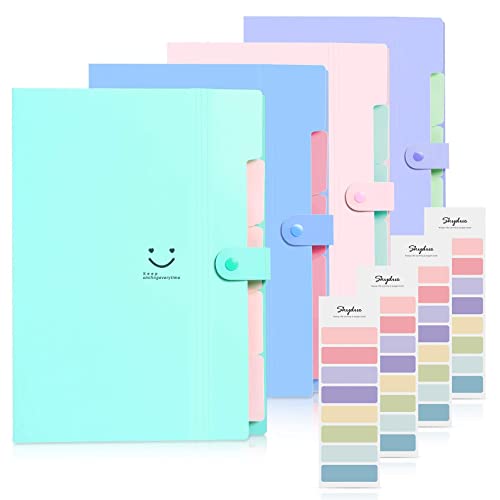 SKYDUE Expanding File Folders with 5 Pockets, Accordion File Organizer with 32 Labels, Portable Document Paper Organizer, Filing Folders, Letter / A4 Size, Pack of 4