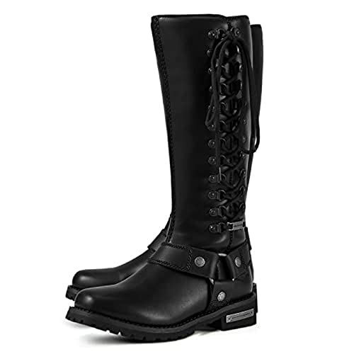 Dream Apparel Women's Harness Motorcycle Riding Boots Square Toe Biker Boots, Lace Up Knee High Boots with Side Zipper, Black PU Leather Boots Ladies, Size 8