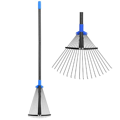 Adjustable Metal Leaf Rake Long Handle, Garden Rakes for Lawns Heavy Duty Leaves with Expandable Head 8-17', Yard Women Kids Rake for Gardening RV Camping