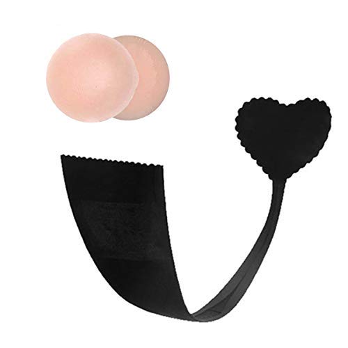 Zurci Womens Sexy C Style Invisible Heart Shaped Silicone Underwear Thong Panties & Nipple Cover (Black, S)