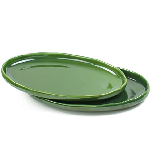 vicrays Ceramic Serving Platter Tray - Extra Large Oval 14.5 Inch Porcelain Dinner Plates Long Serving Dish Set - for Party Restaurant Food Meat Sushi Fish Turkey Platter - Green
