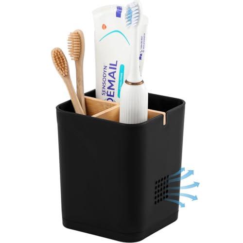 Electric Toothbrush Holder 3 Slots Tooth Brushing Holder with Bamboo Dividers for Bathrooms, Plastic Toothbrush and Toothpaste Organizer for Shower, Countertop, Vanity, Black