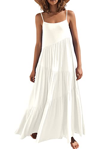 ANRABESS Women Summer Casual Loose Sleeveless Sundress Spaghetti Strap Flowy Boho Linen Beach Vacation Maxi Long Dress 2024 White Small