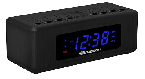 Emerson AM/FM Dual Alarm Clock Radio with 0.6' Blue LED Display, 4-Level dimmer, and Wake to Radio/Buzzer Alarm, Black