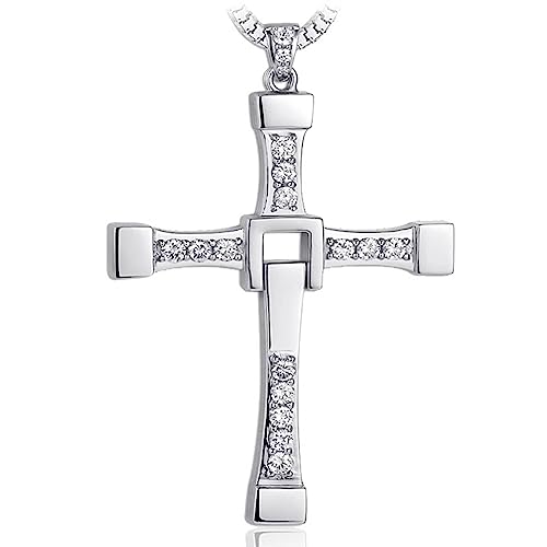PAZIKO Genuine S925 Silver Cross Pendant Necklace, Fast and FF10 Dominic Jakob Toretto Necklace, Silver Jewelry For Men Women, Solid Silver Inlaid Zircons Rotatable Pendant Necklace