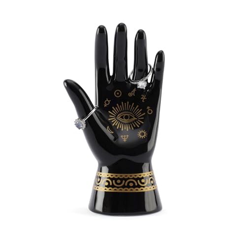 JOYIMARR Ring Holder Hand,Evil Eye Jewelry Holder Stand, Spiritual Mystical Gifts For Women, Black Palmistry Hand Psychic Fortune Teller Ceramic Figurine Sculpture